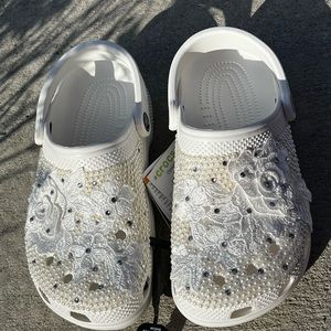 Bride | Wedding | Bridal | White Half Pearl Bedazzled Croc 3D flowers